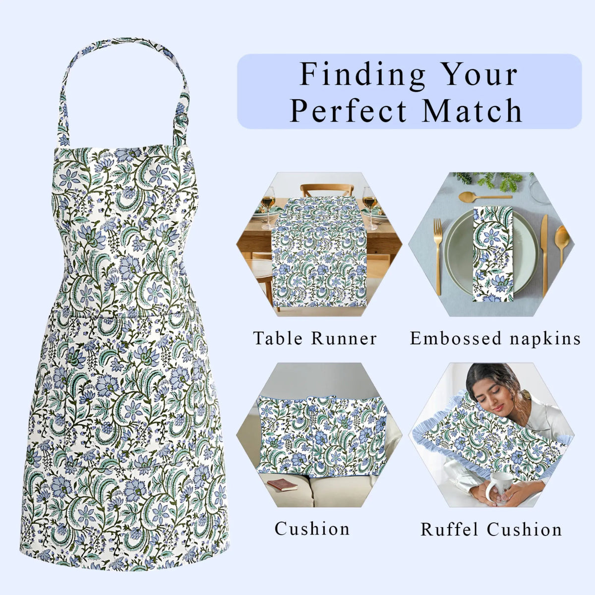 Patterned apron with matching table runner, embossed napkins, cushion, and ruffel cushion on a white background.