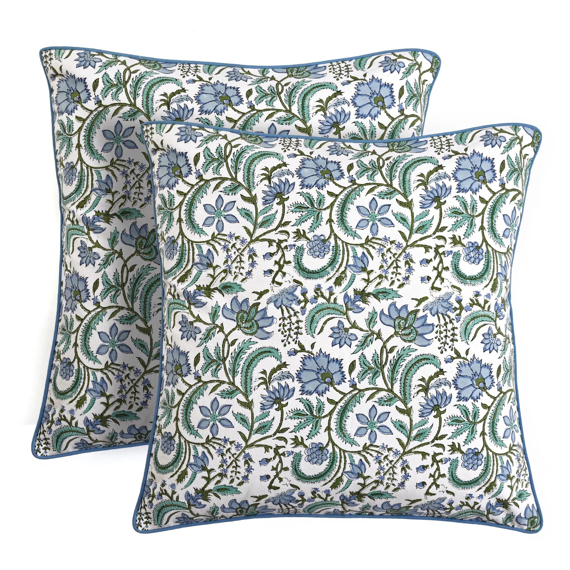 Two floral patterned pillows on a white background