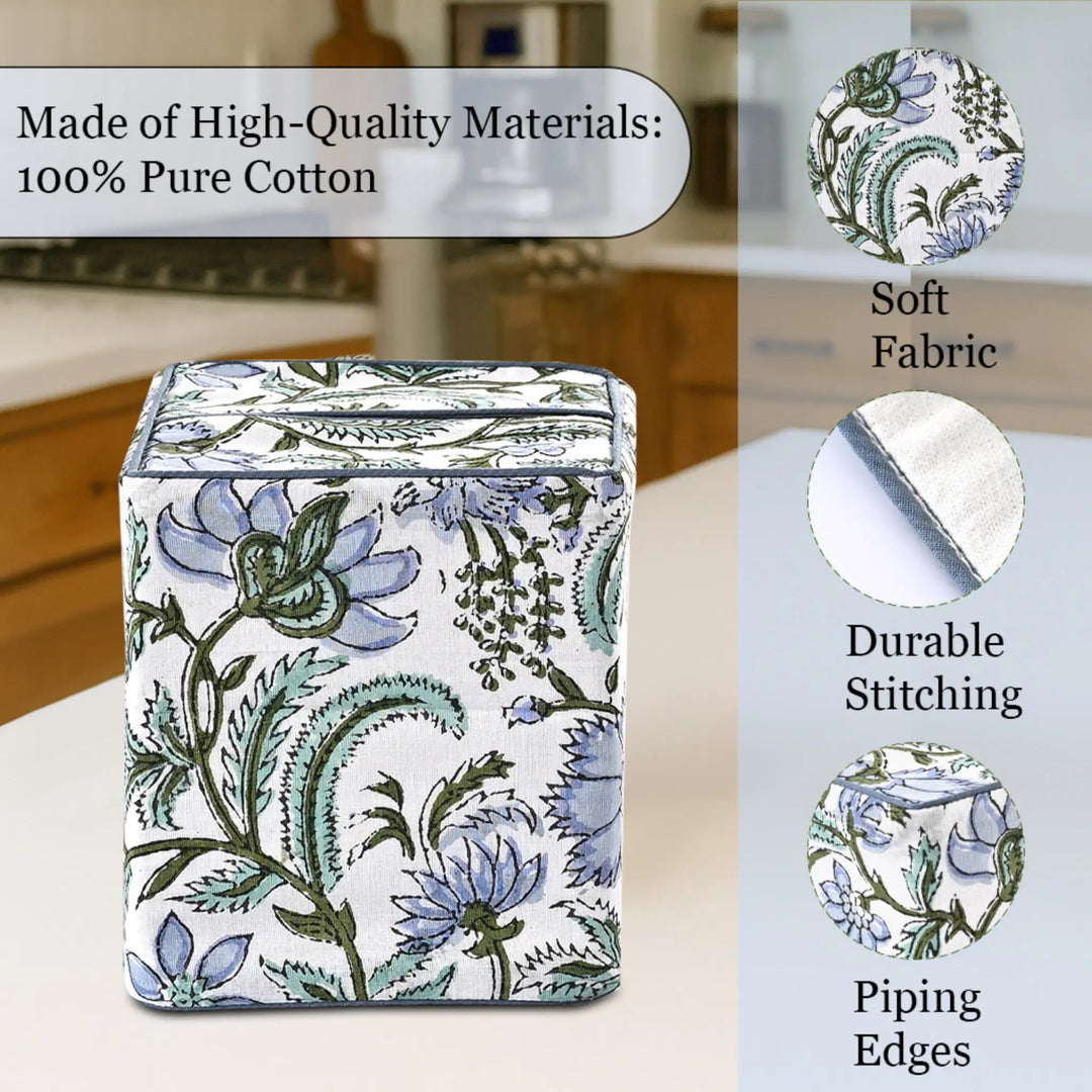 Floral-patterned tissue box cover with quality attributes on a kitchen counter.
