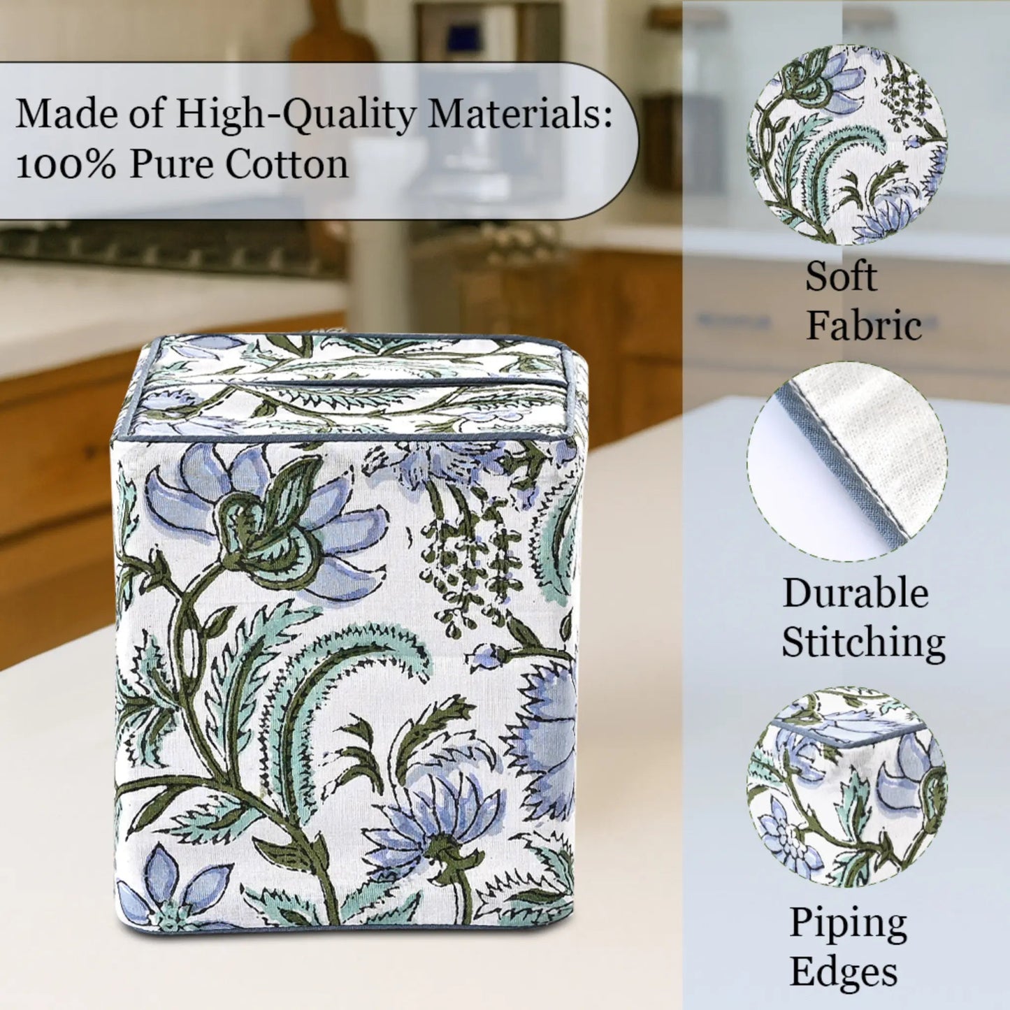 Floral-patterned tissue box cover with quality attributes on a kitchen counter.