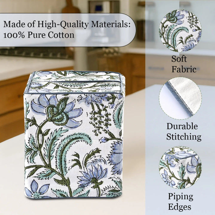 Floral-patterned tissue box cover with quality attributes on a kitchen counter.