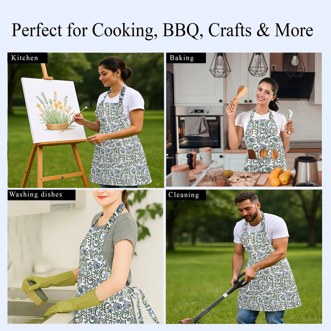 Collage of people wearing aprons in various activities with text &