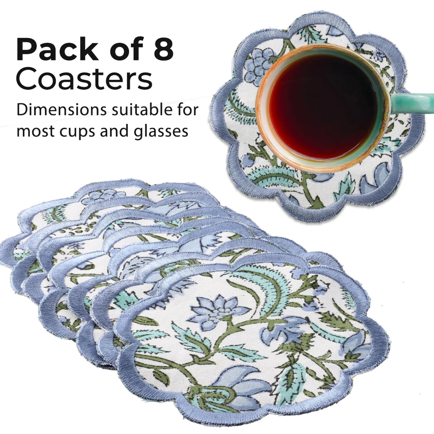 Pack of 8 floral coasters with a cup of tea on a white background