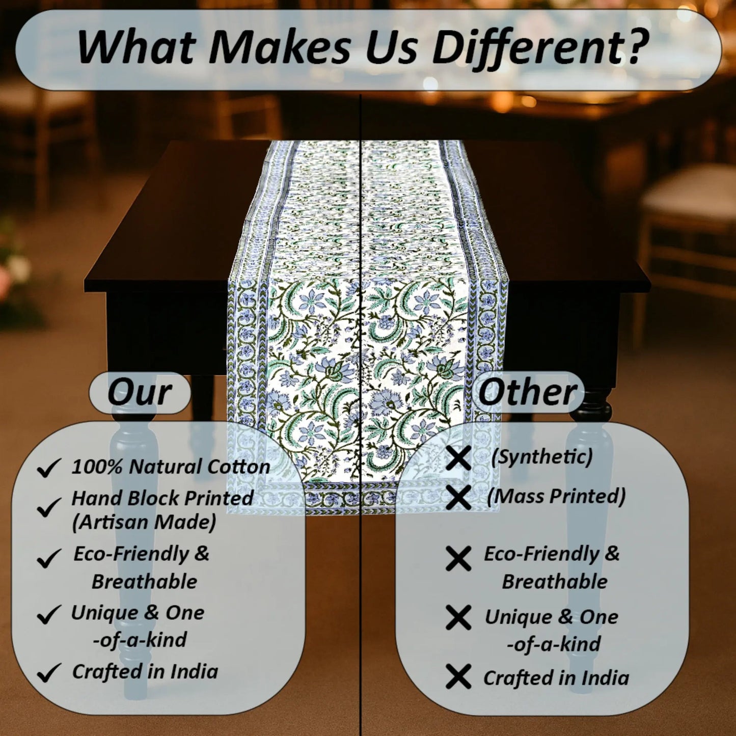 Table runner with text comparing natural cotton and synthetic materials