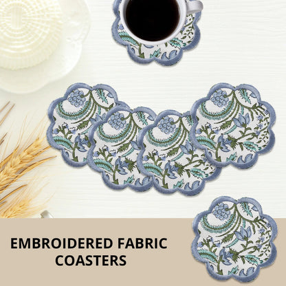 Set of embroidered fabric coasters with a cup of coffee on a white surface.