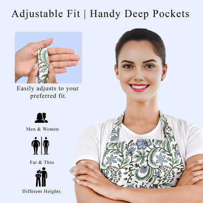 Woman wearing a floral apron with text highlighting adjustable fit and deep pockets.