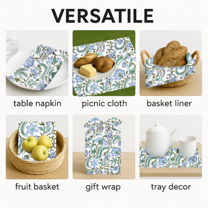 Versatile use of a floral patterned cloth including table napkin, picnic cloth, basket liner, fruit basket, gift wrap, and tray decor.