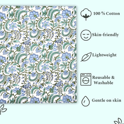 Floral patterned fabric with sustainability and product features listed on a light blue background