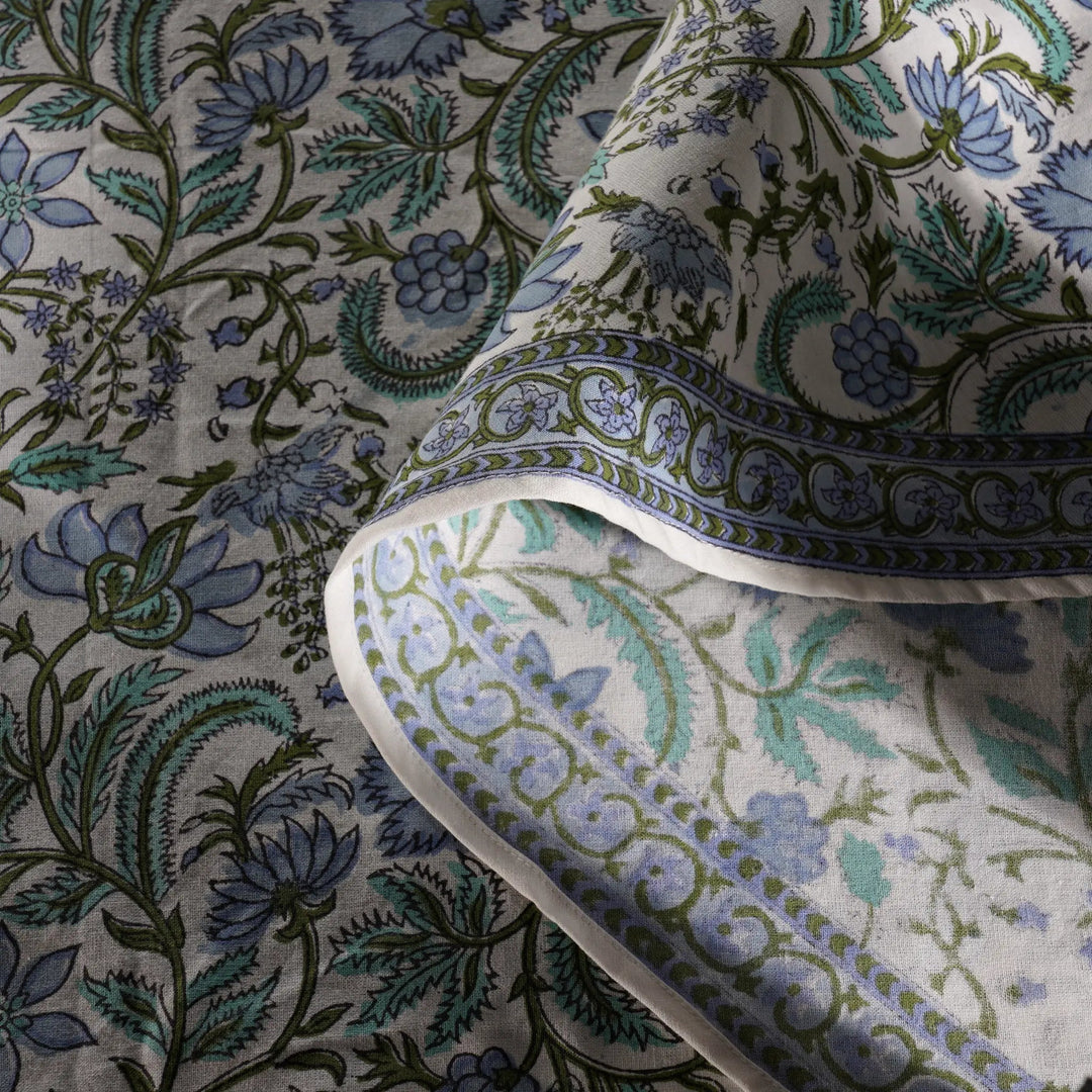 Close-up of floral patterned fabric with blue and green colors.