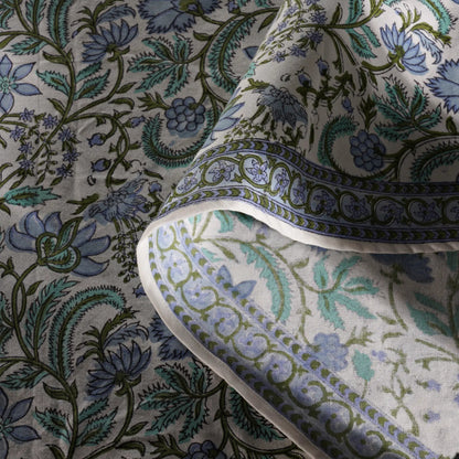 Close-up of floral patterned fabric with blue and green colors.
