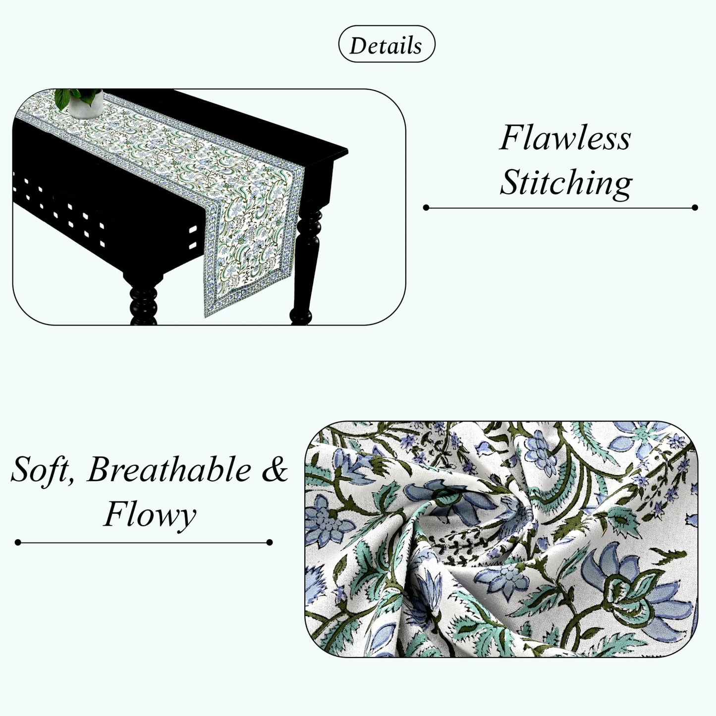 Table runner with floral pattern and text highlighting features on a white background