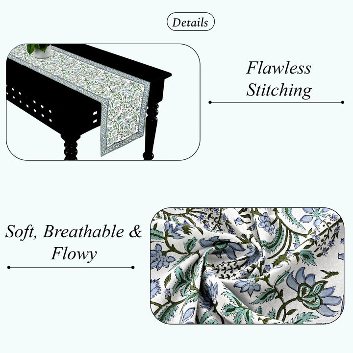 Table runner with floral pattern and text highlighting features on a white background