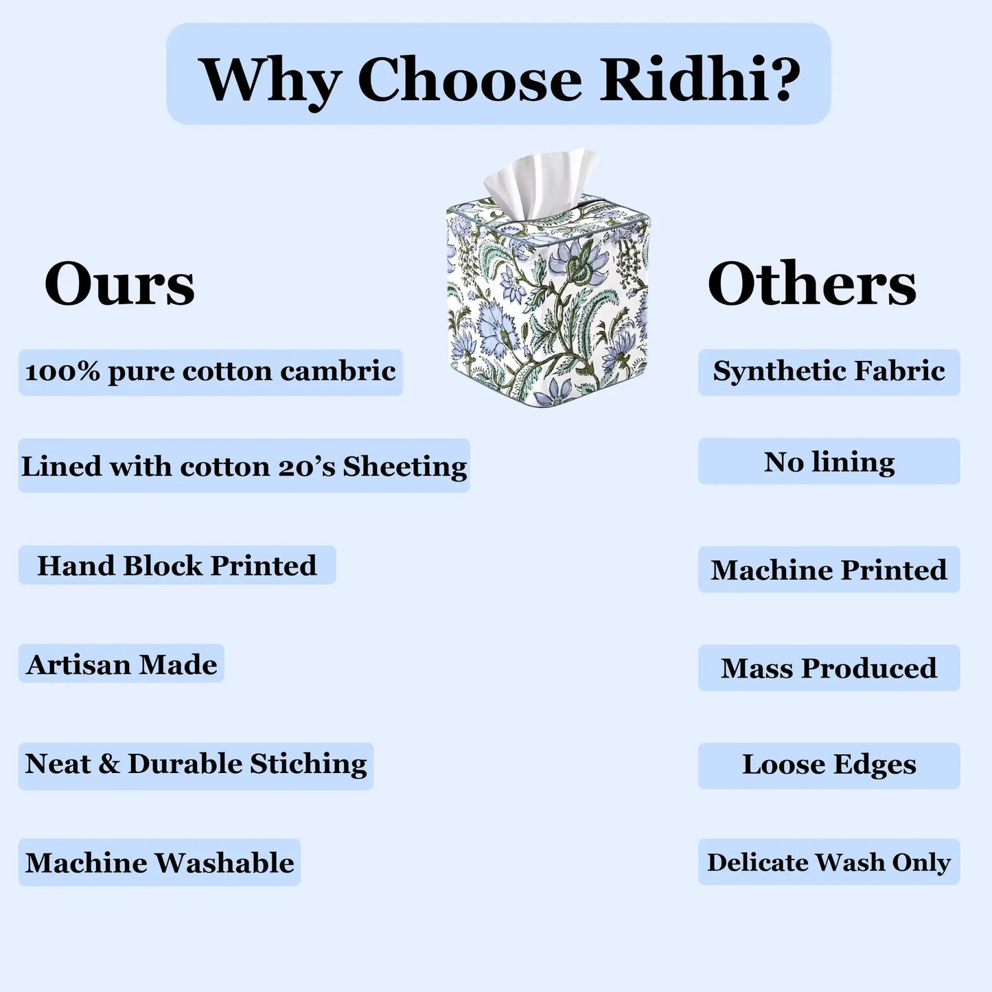 Comparison chart of features between 'Ours' and 'Others' products, with a floral tissue box illustration.
