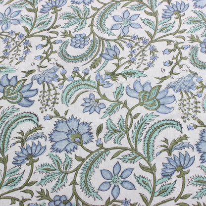Floral patterned fabric with blue and green flowers on a white background