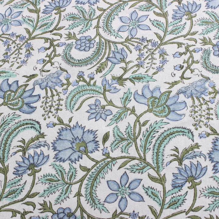 Floral patterned fabric with blue and green flowers on a white background