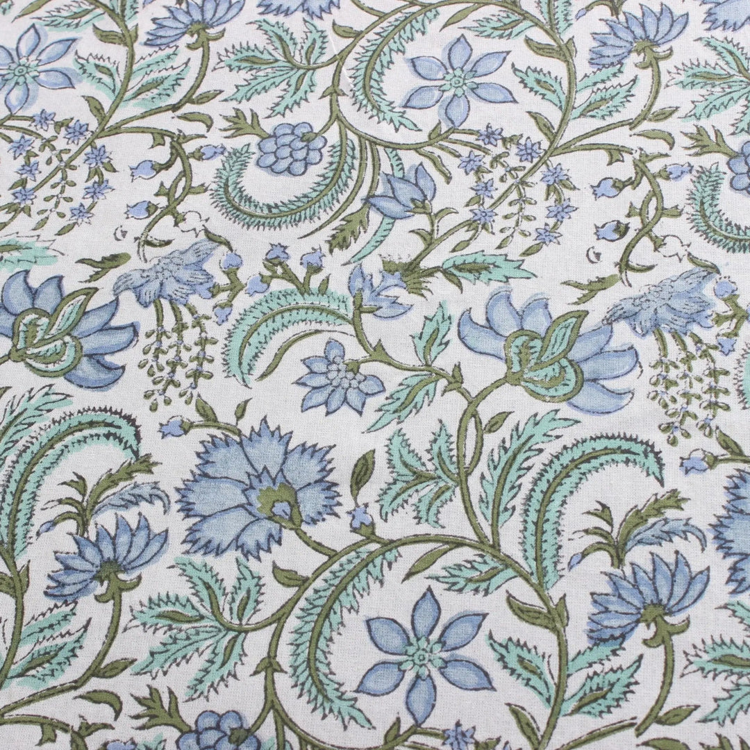 Floral patterned fabric with blue and green flowers on a white background