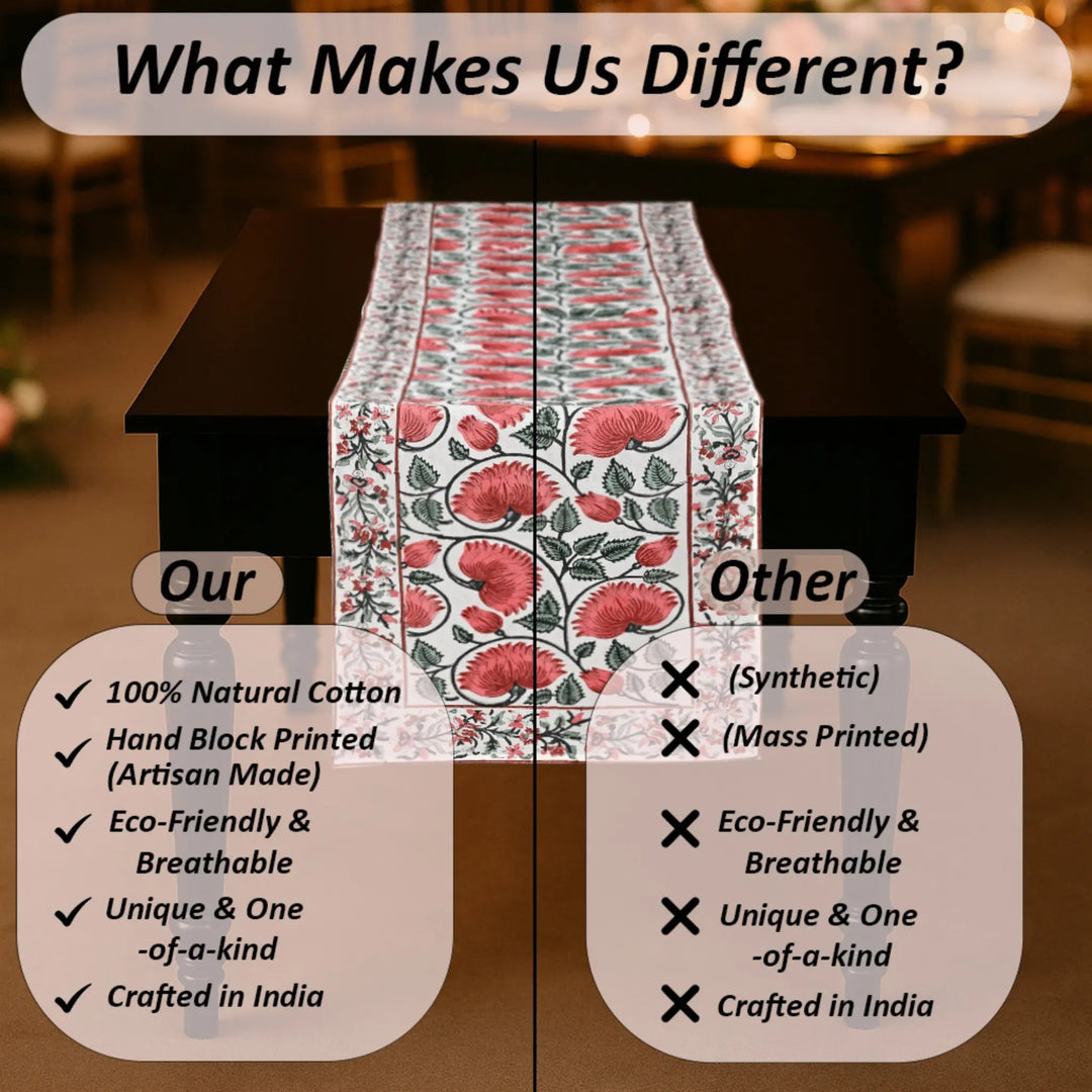 Table runner with floral pattern on a table, comparing &