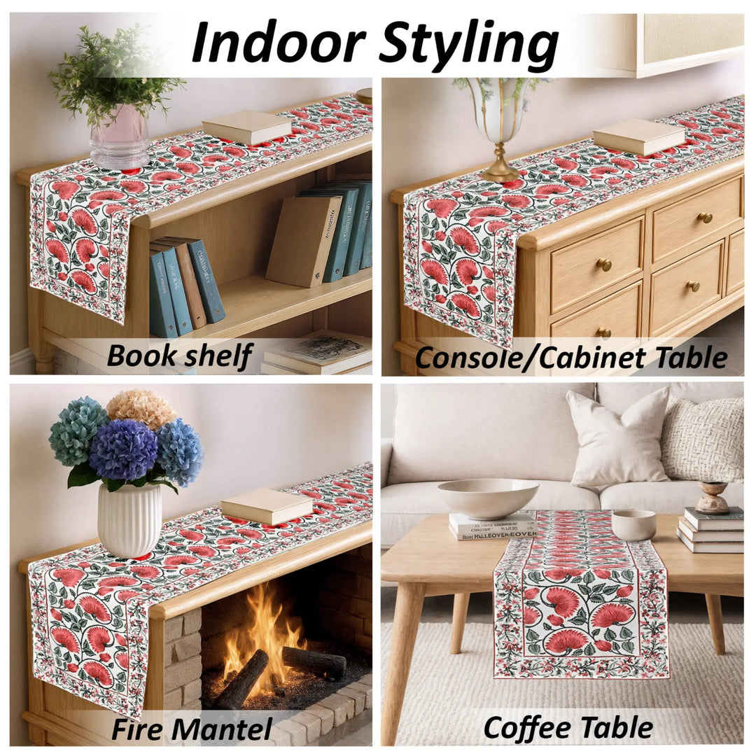 Collage of a floral table runner used on various furniture pieces including a bookshelf, console cabinet, fire mantel, and coffee table.