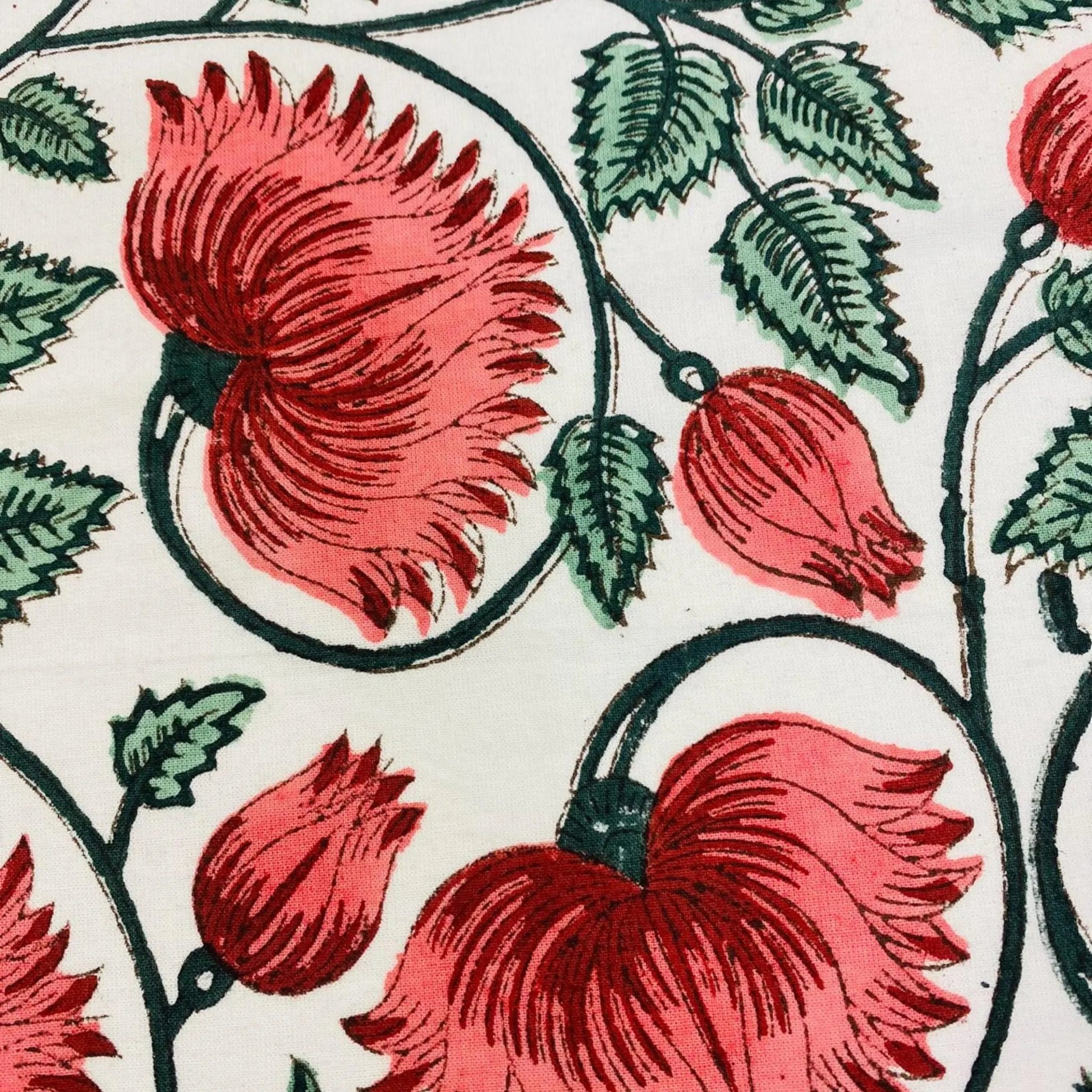 Close-up of a floral pattern with red flowers and green leaves on a white background