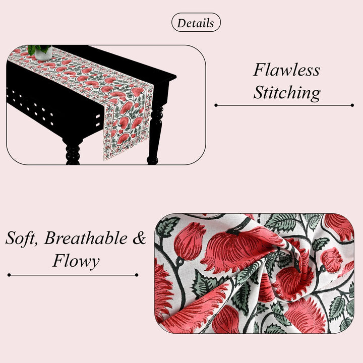 Table runner with floral pattern on a table, highlighting &
