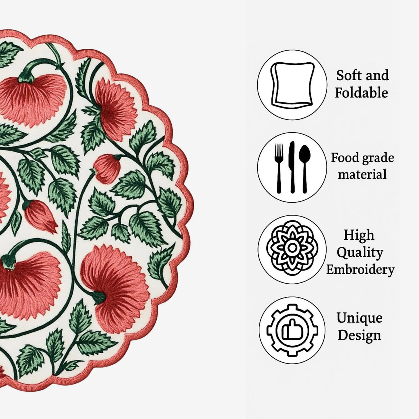Decorative plate with floral design and features listed on a white background
