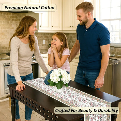 Family in a kitchen with a table runner featuring premium natural cotton.