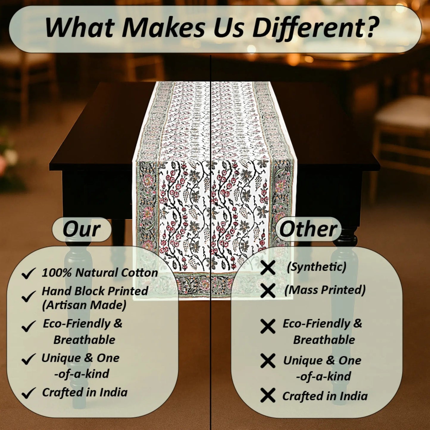 Comparison chart highlighting the differences between 'Our' and 'Other' products on a table setting.