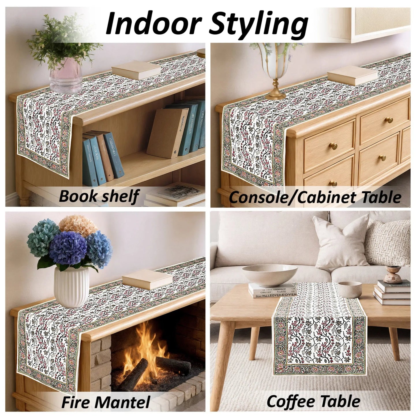 Table runner used on bookshelf, console table, fire mantel, and coffee table with decorative elements.