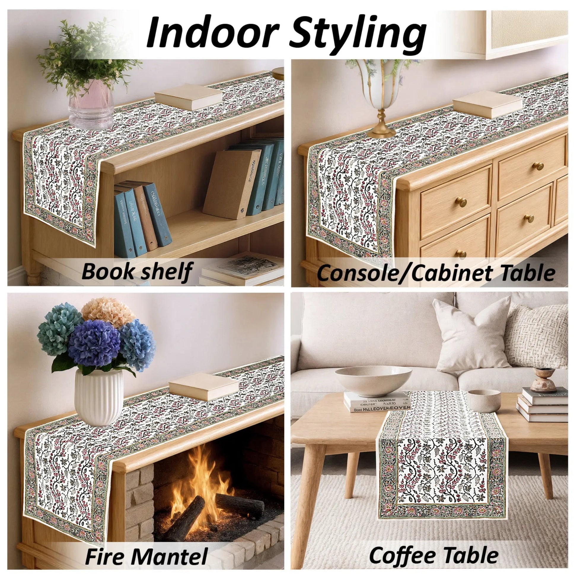Table runner used on bookshelf, console table, fire mantel, and coffee table with decorative elements.