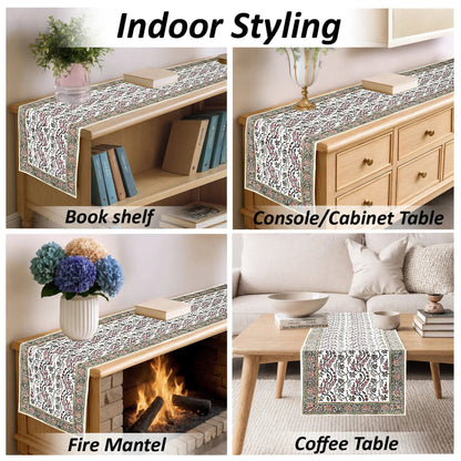 Table runner used on bookshelf, console table, fire mantel, and coffee table with decorative elements.