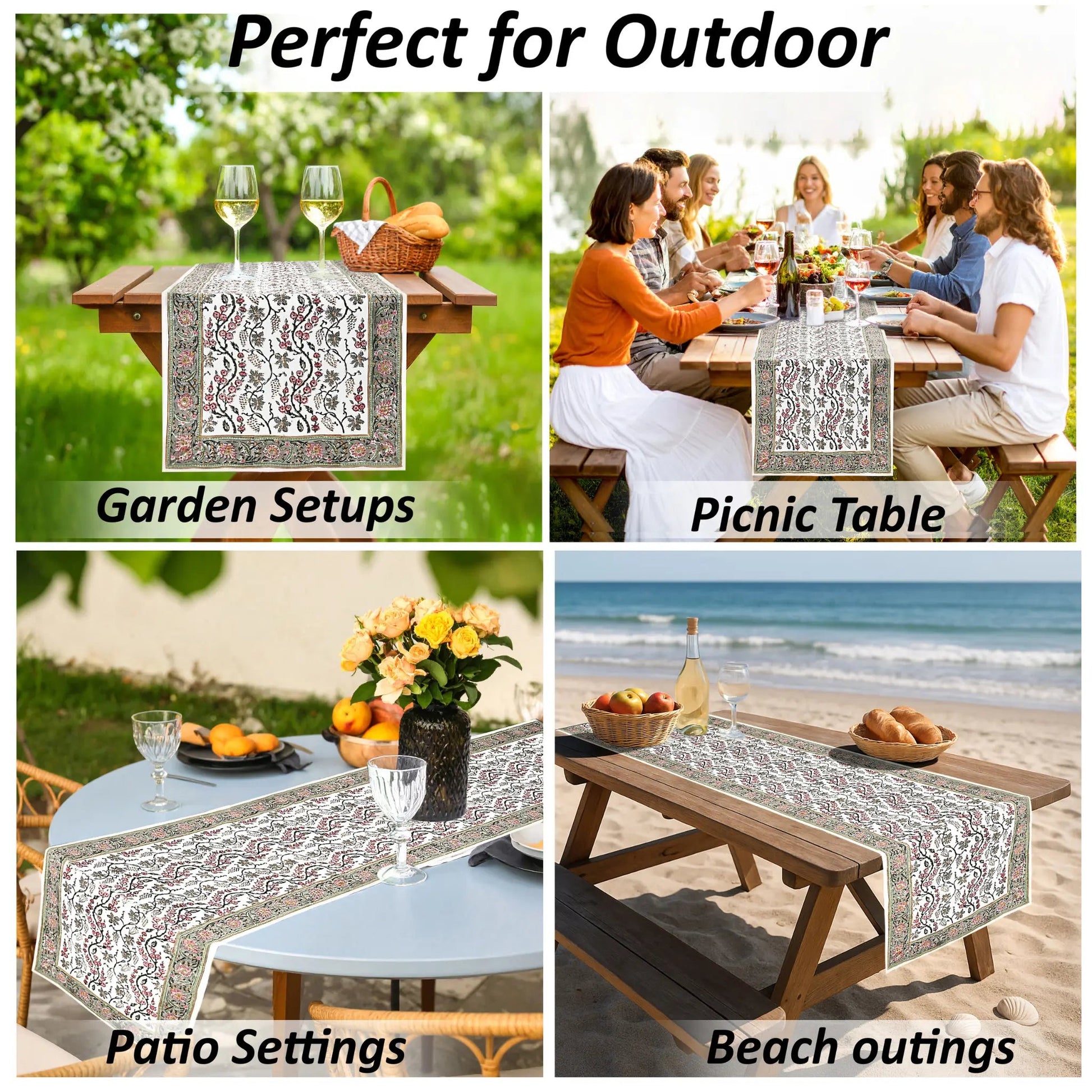 Table runner used in various outdoor settings including garden, picnic table, patio, and beach.