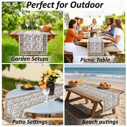 Table runner used in various outdoor settings including garden, picnic table, patio, and beach.