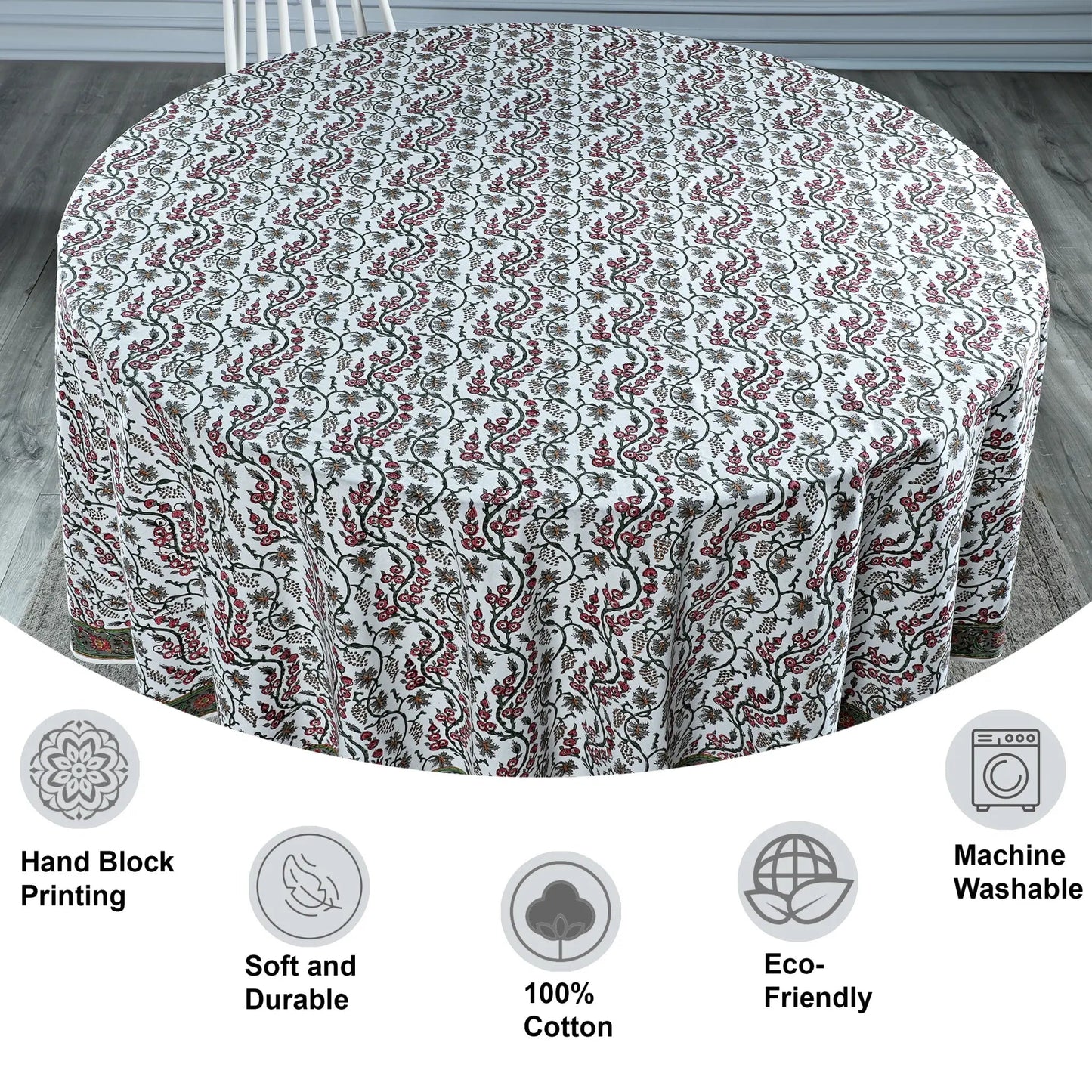 Round tablecloth with floral pattern on a wooden floor, featuring icons and text about material and care.