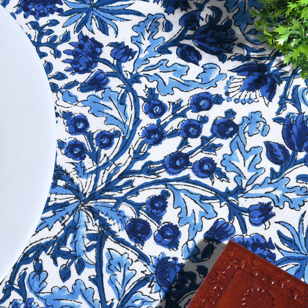 Close-up of blue floral pattern on a white background
