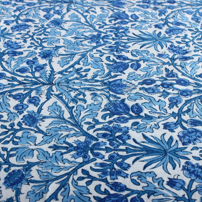 Close-up of blue floral pattern on white fabric