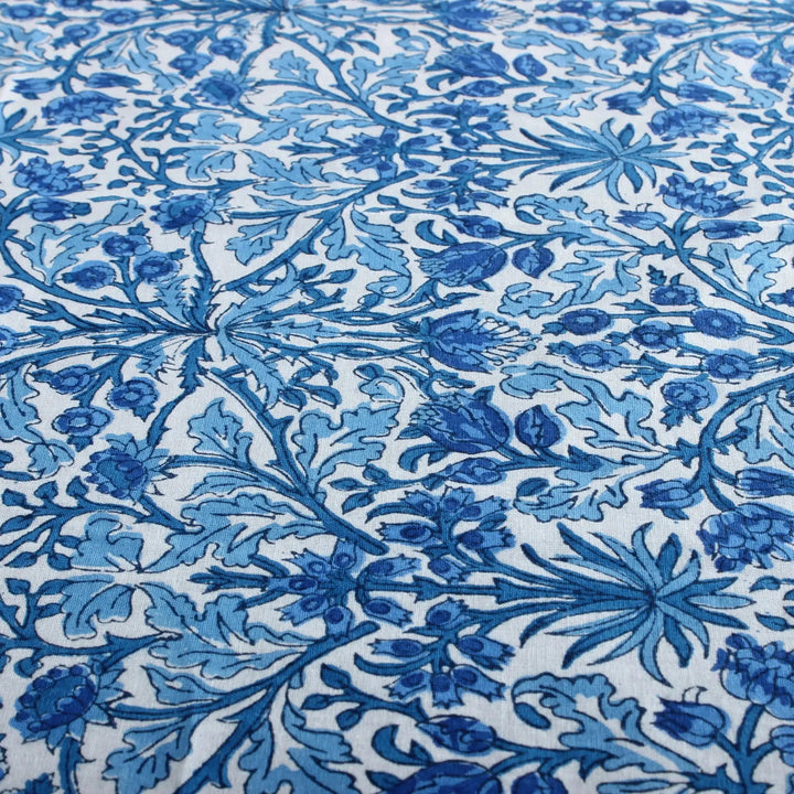 Close-up of blue floral pattern on white fabric
