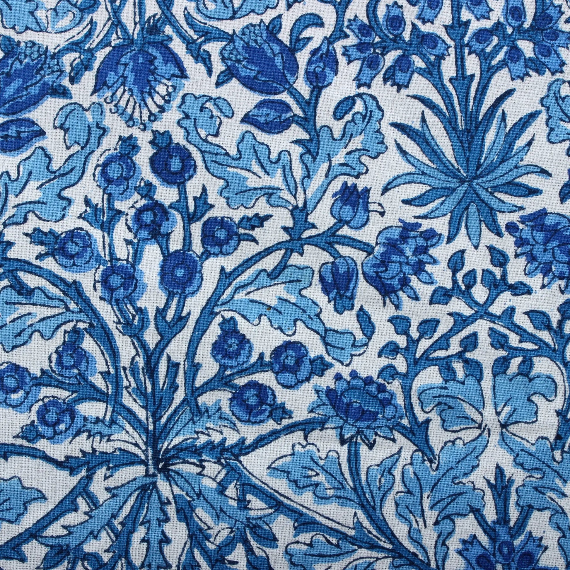 Close-up of blue floral pattern on a white background