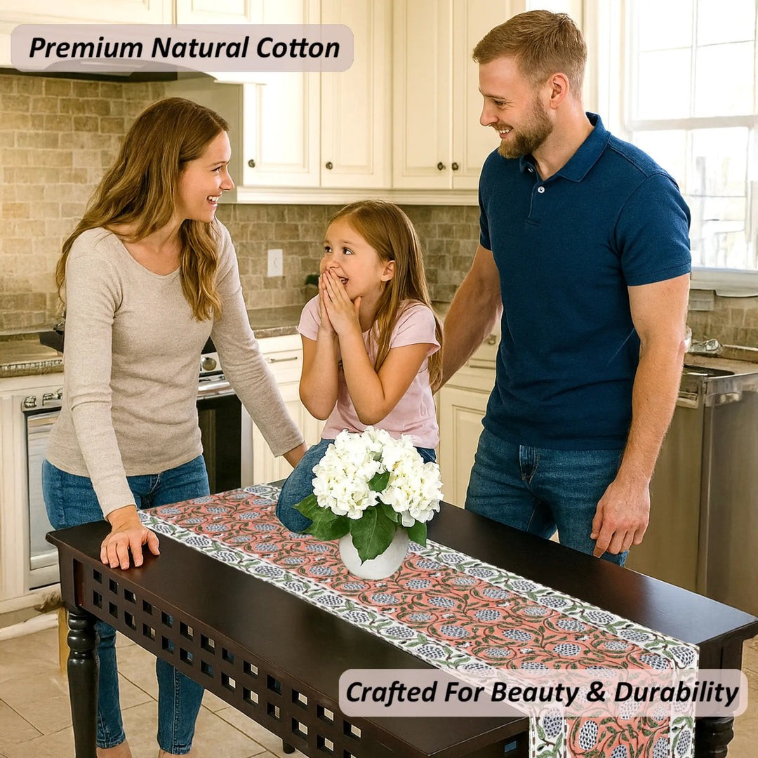 Family in a kitchen with a decorated table, featuring text about premium natural cotton.