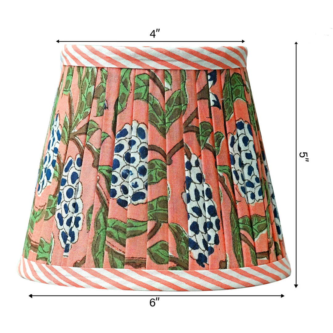 Lampshade with floral pattern and striped edges, shown with measurements on a white background