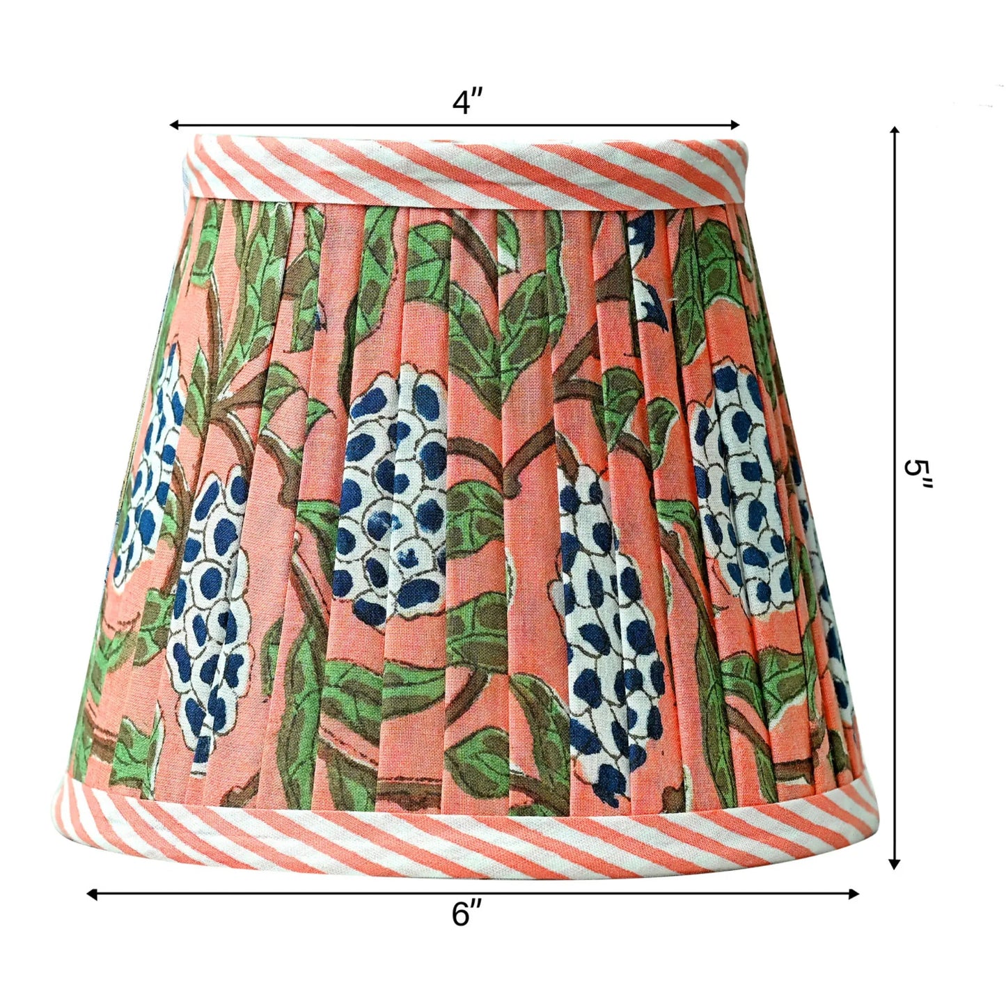 Lampshade with floral pattern and striped edges, shown with measurements on a white background