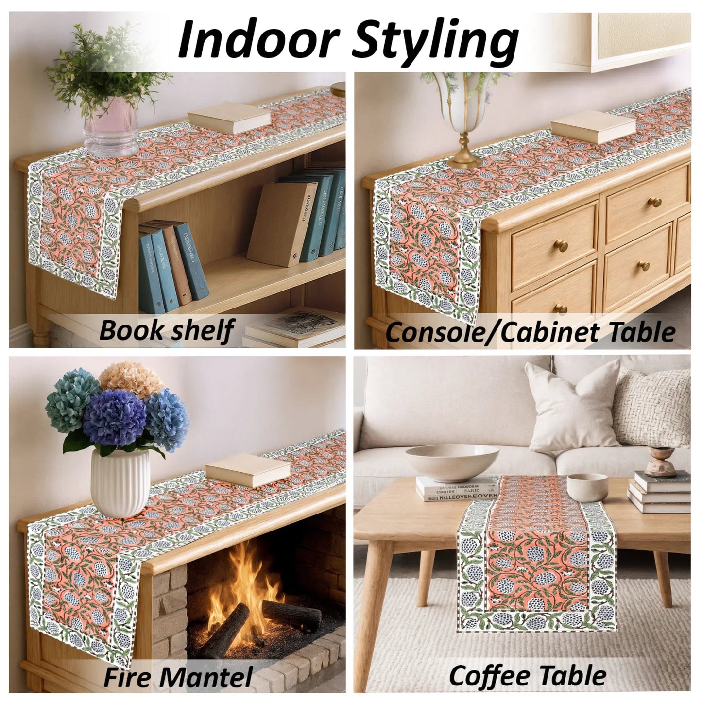Patterned table runner displayed on various furniture items with text 'Indoor Styling'.