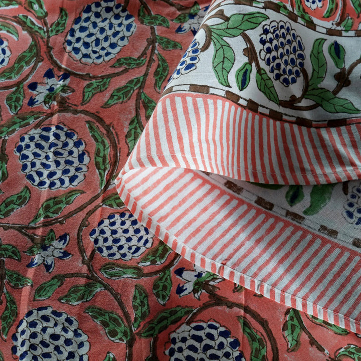 Close-up of patterned fabric with floral and striped designs.
