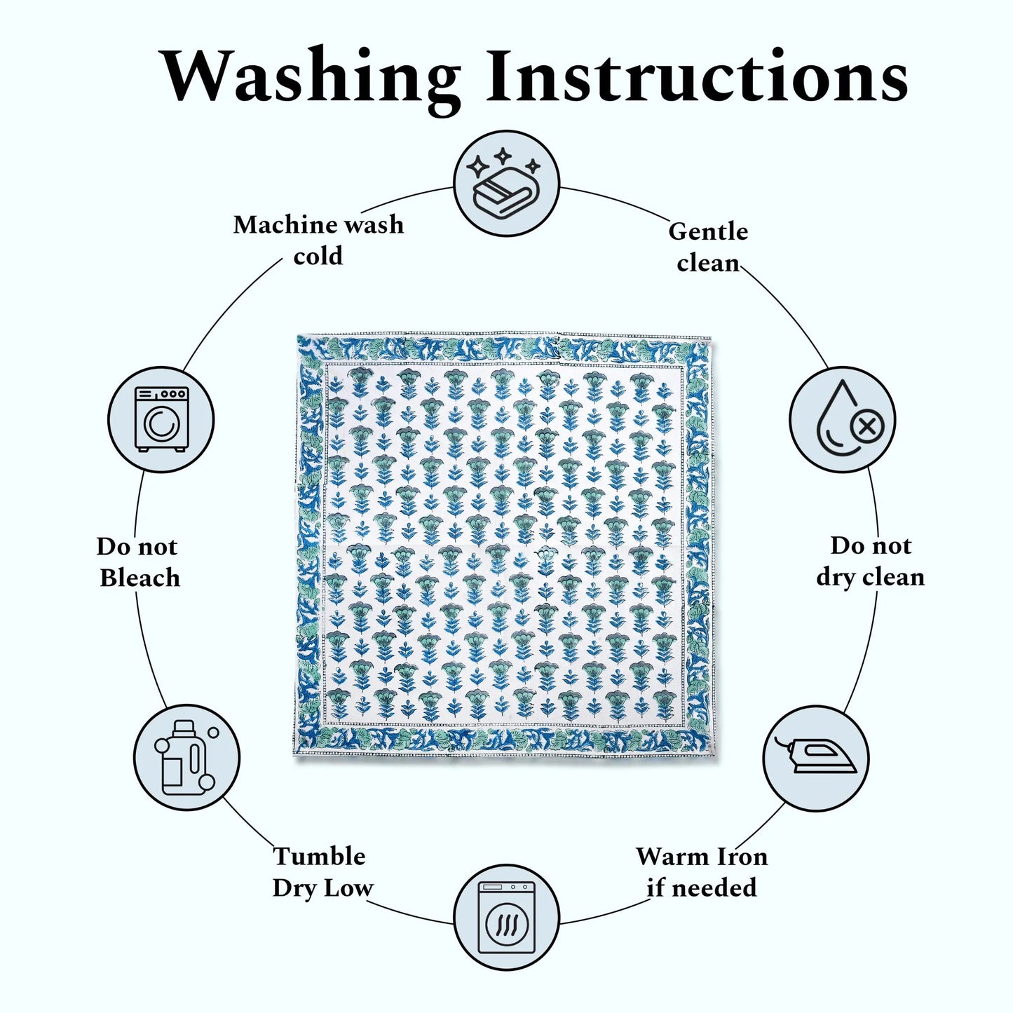 Washing instructions diagram with a fabric sample in the center on a white background