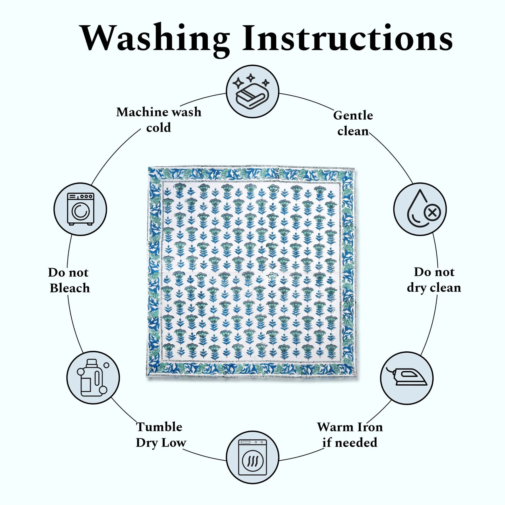 Washing instructions diagram with a fabric sample in the center on a white background