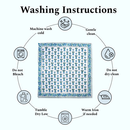 Washing instructions diagram with a fabric sample in the center on a white background