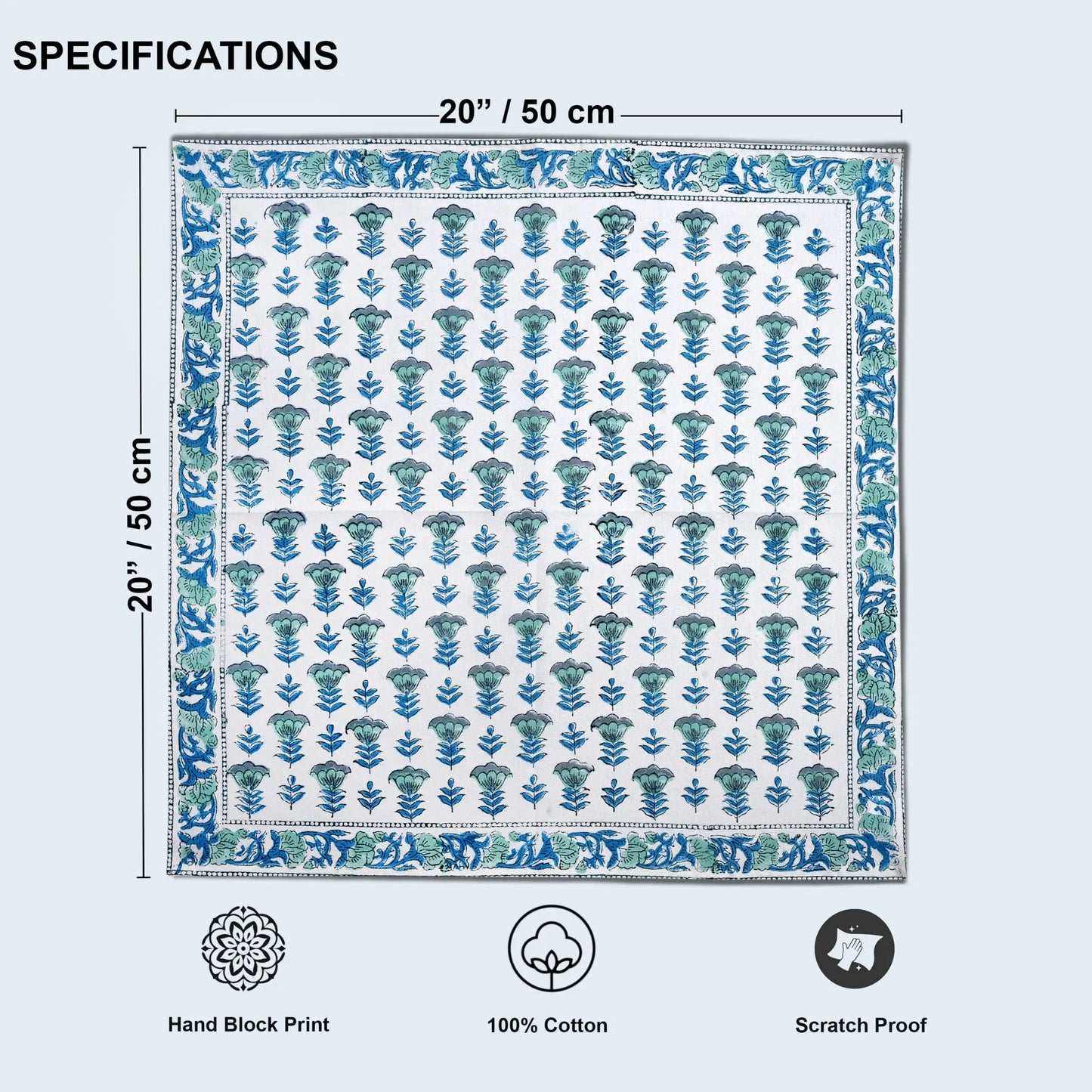 Patterned fabric with dimensions and certification icons on a light blue background