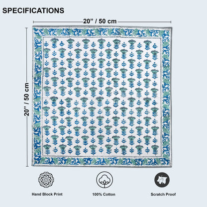 Patterned fabric with dimensions and certification icons on a light blue background
