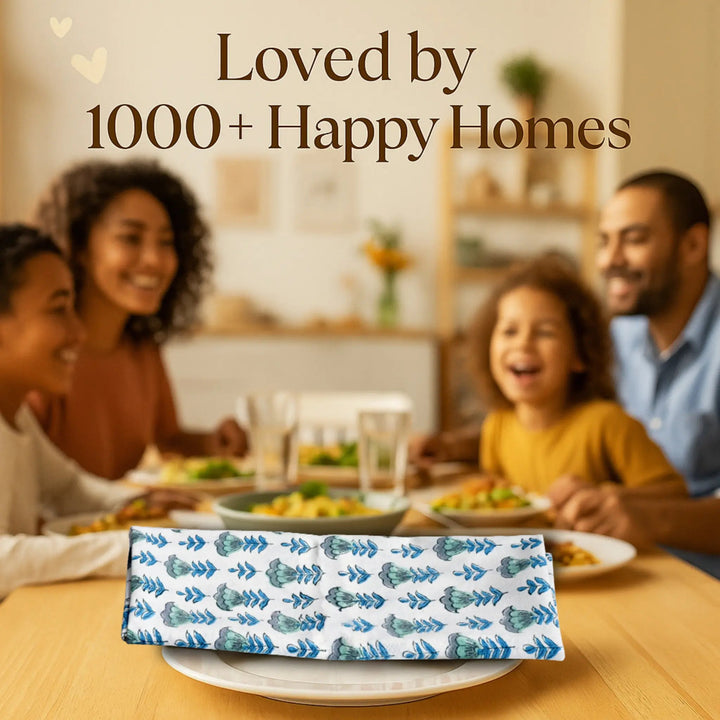 Family enjoying a meal together with a decorative napkin on a table, text &