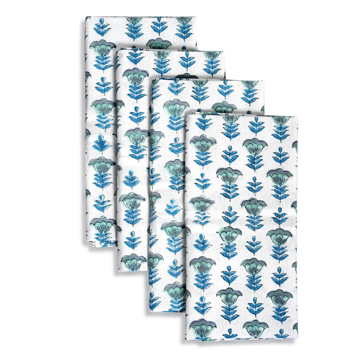 Set of four folded towels with blue floral pattern on a white background