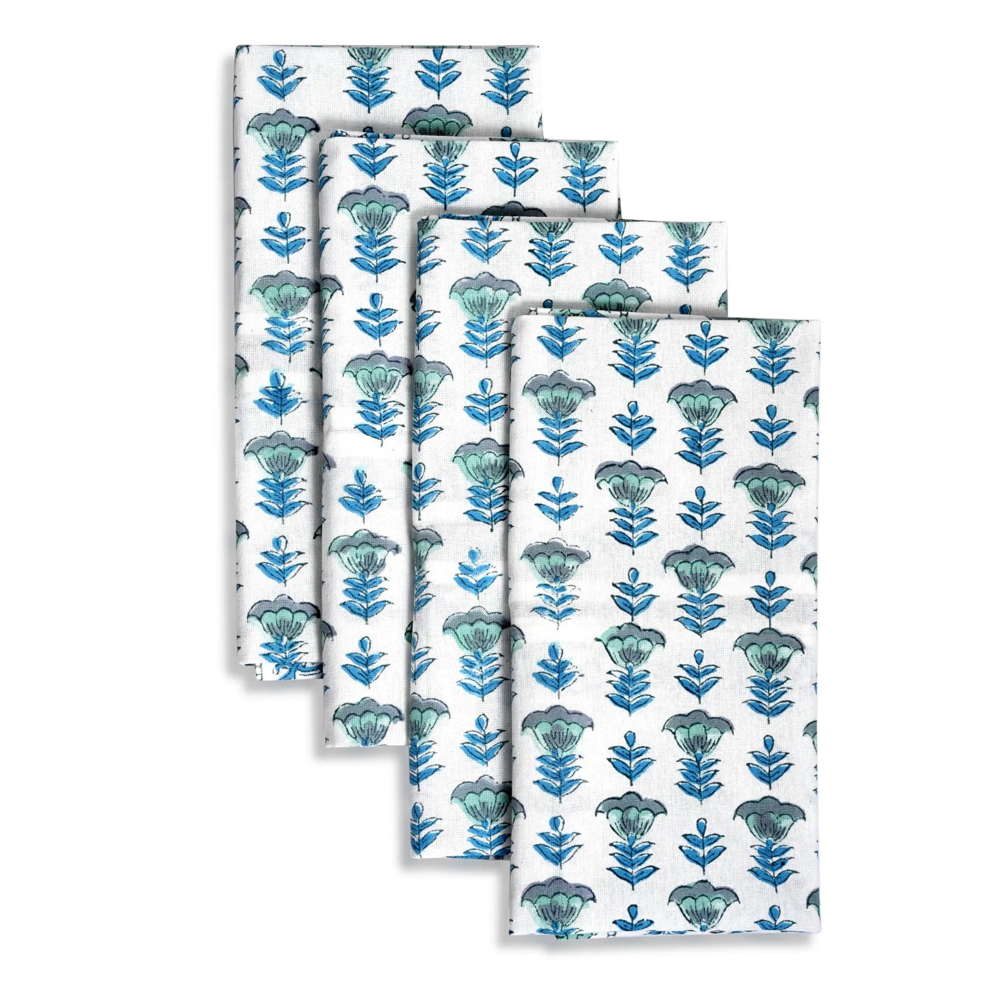 Set of four folded towels with blue floral pattern on a white background